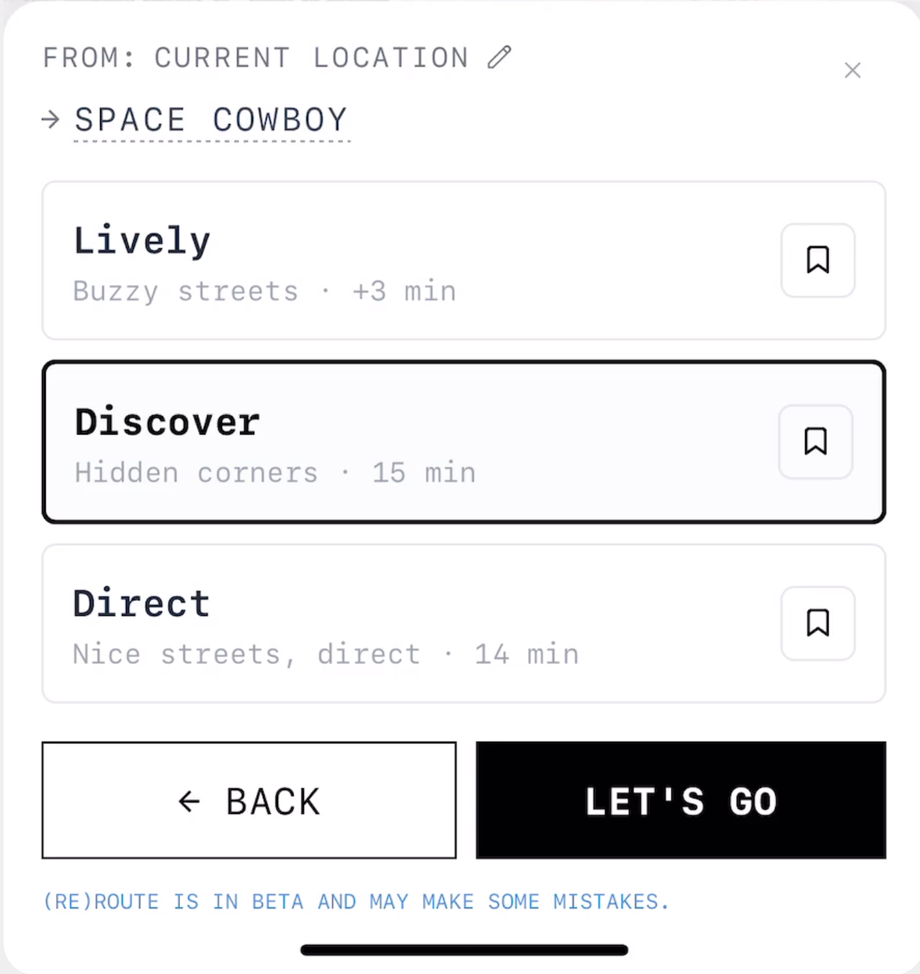 Route cards with mood labels