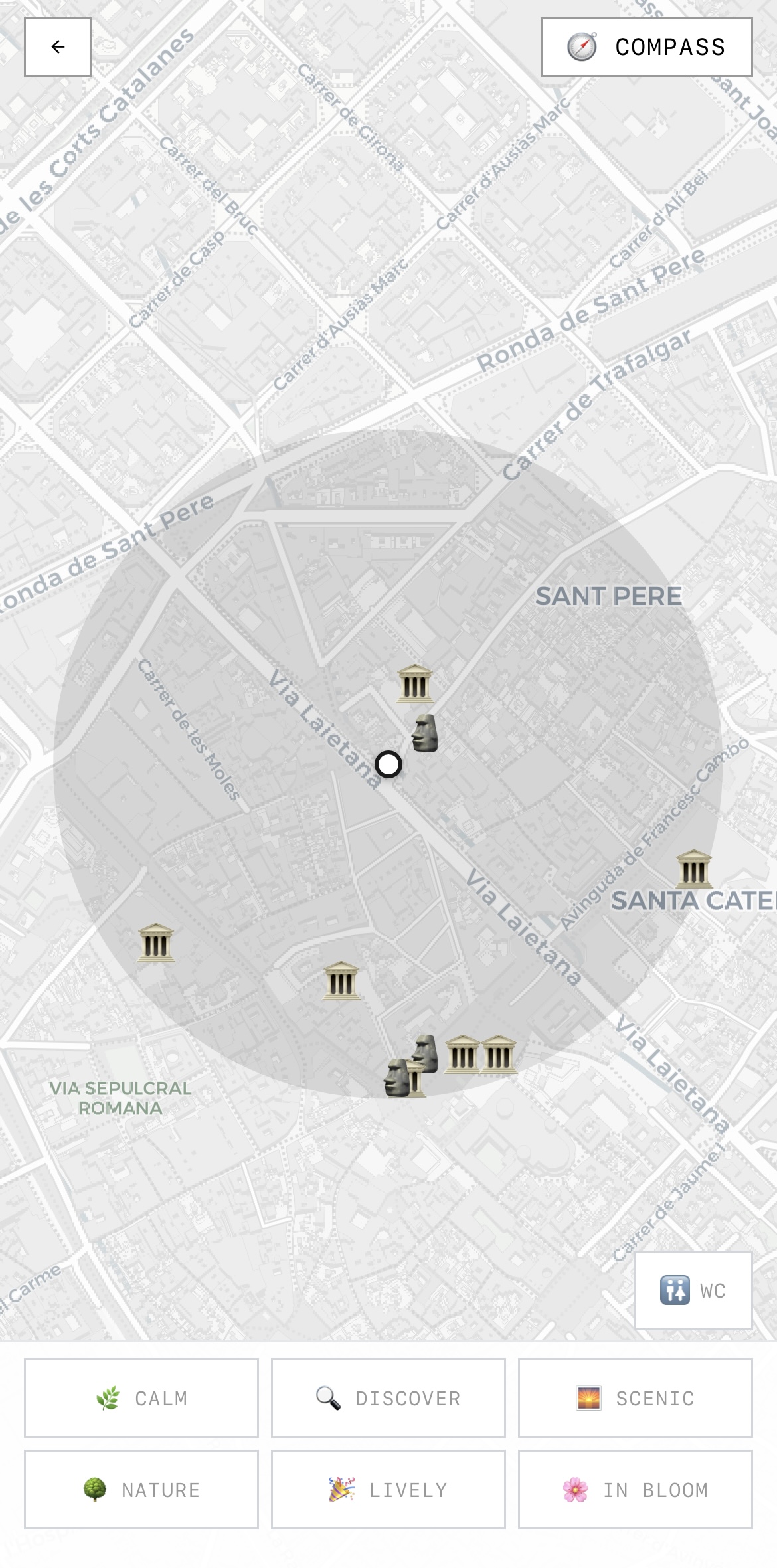 Wander mode — compass map with nearby POIs